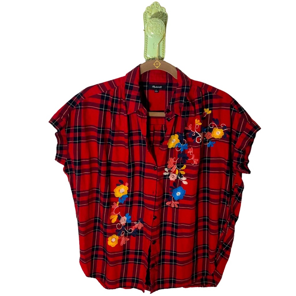 Madewell Shirt Preppy Plaid Holiday Red Flannel Cover Floral Embroidery